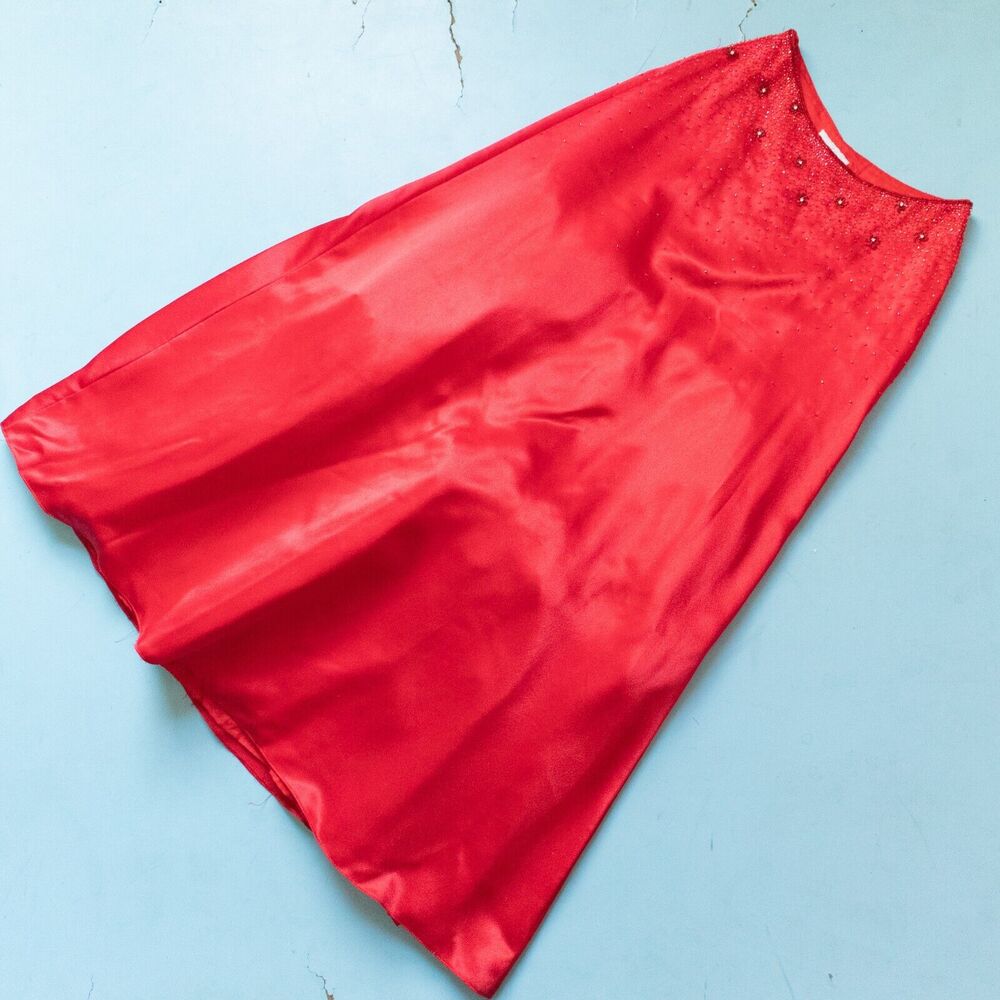 Alyce Designs Vintage Red Beaded High Rise Satin Full Length Maxi Skirt Size 6